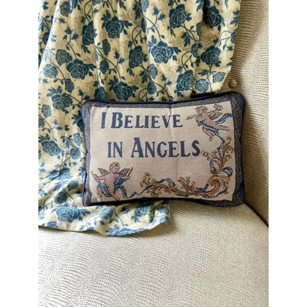 Vintage I Believe in Angels Tapestry Accent Pillow Blue Cherub Cottagecore Decor